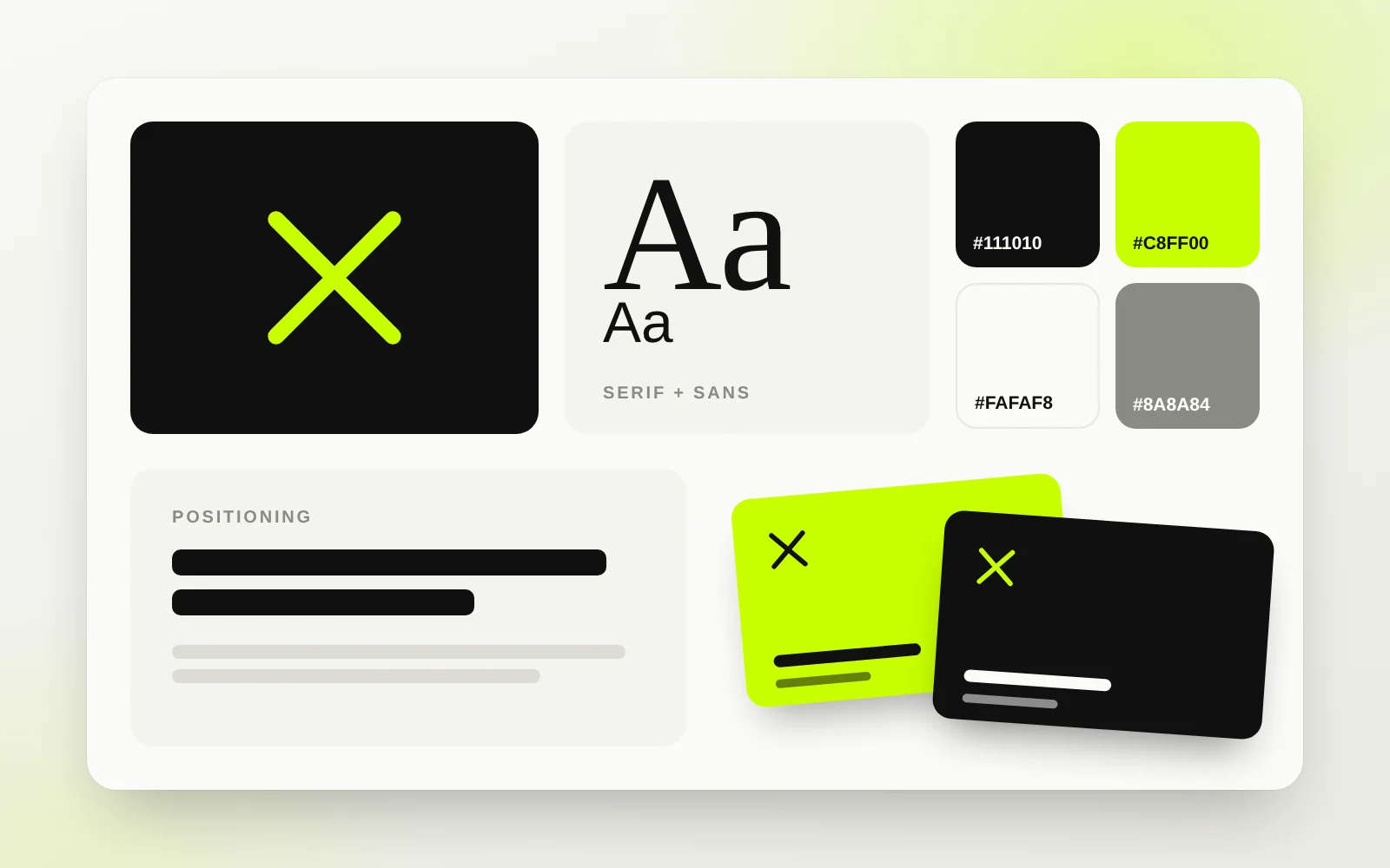Brand board with logo, typography, colour palette and business cards