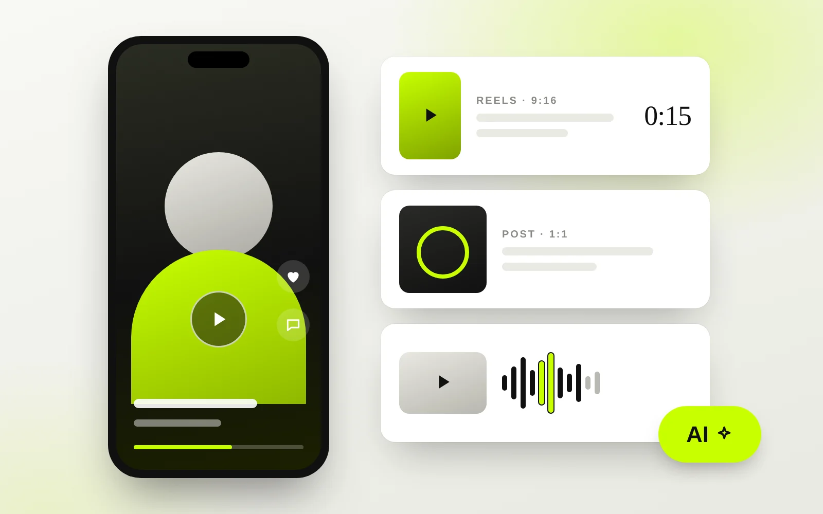 Smartphone with a short-form AI avatar video next to Reels, post and video formats