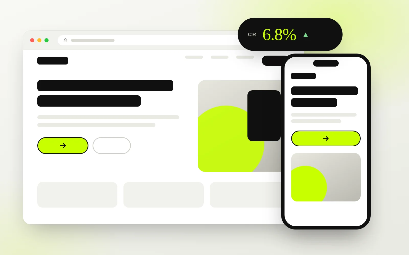 Landing page in a browser window with a mobile version and conversion rate